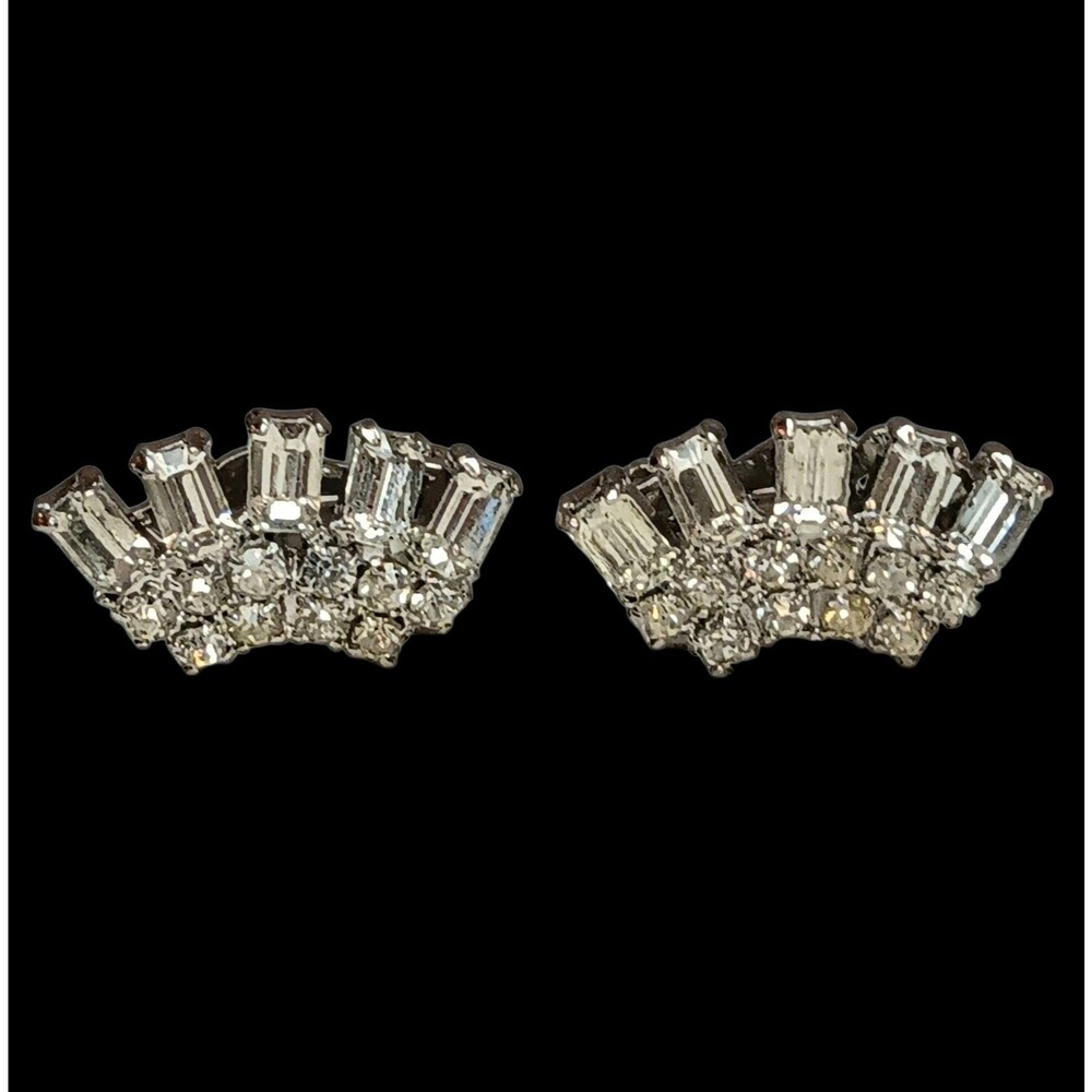 VTG Clear Rhinestone Crawler Clip On Earrings Prong Setting Baguette & Round Cut